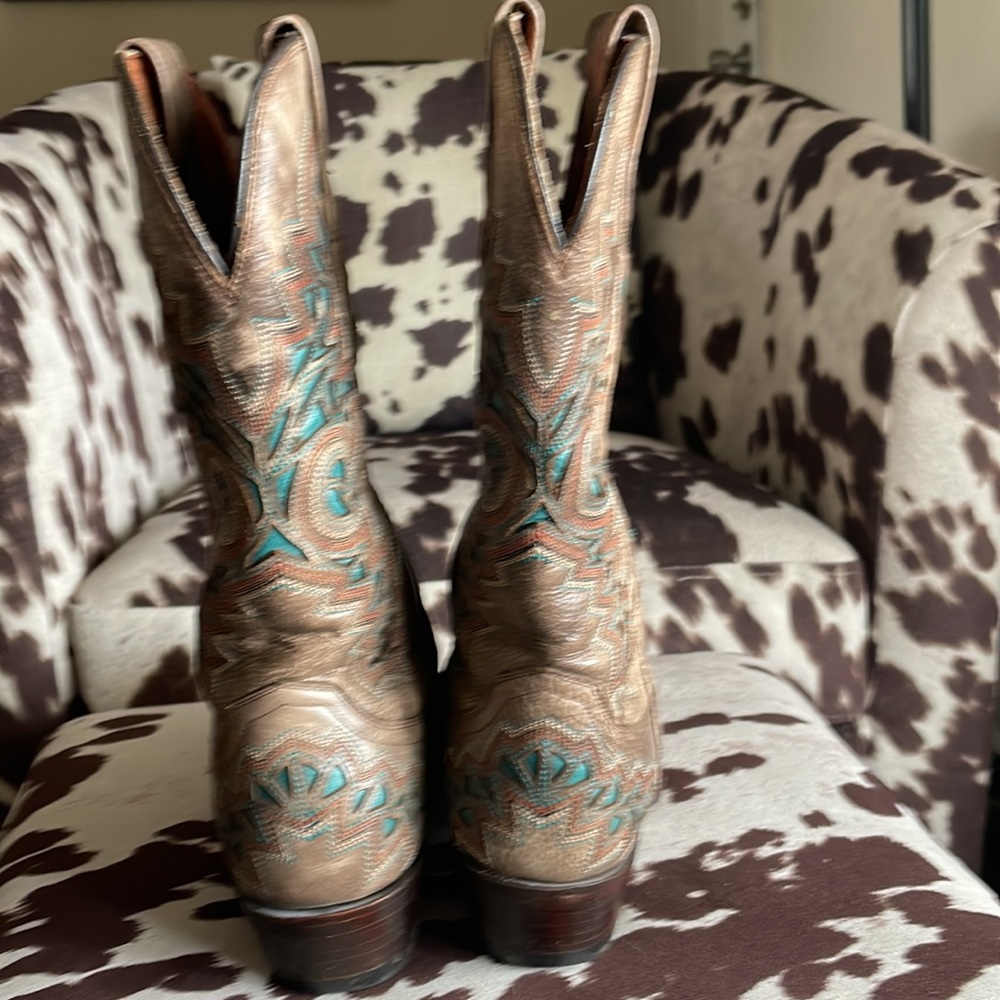 🌺SOLD🌺Lucchese Brown Leather Western Heeled Boots with Turquoise Stitching - Picture 3 of 6